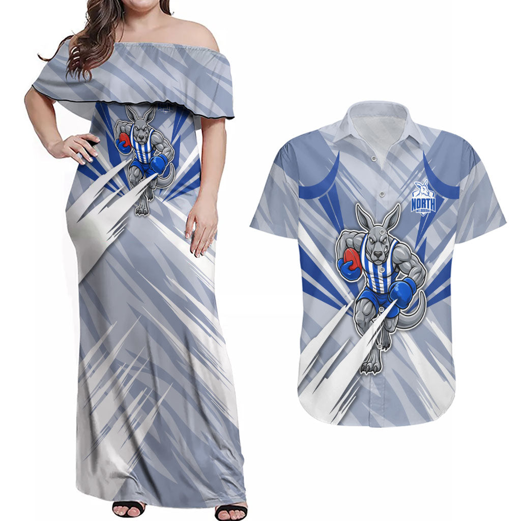 North Melbourne Kangaroos Australian Football Couples Matching Off Shoulder Maxi Dress and Hawaiian Shirt Powerful Kangaroo Mascot - Bold Team Colors