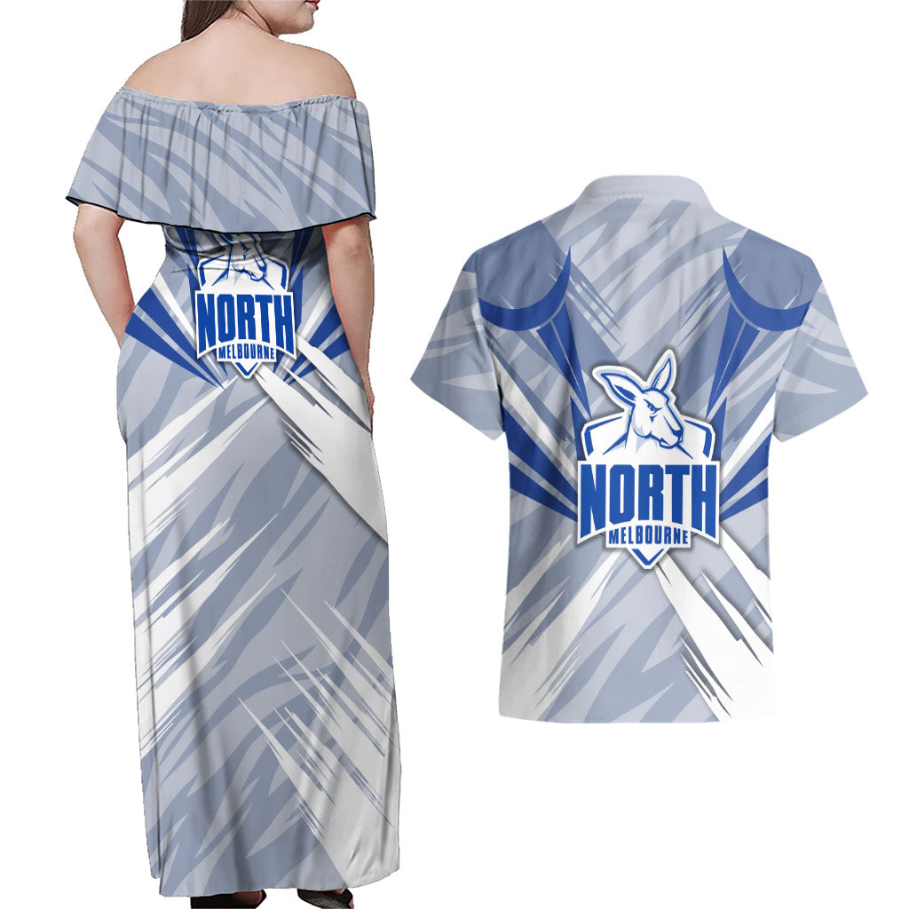 North Melbourne Kangaroos Australian Football Couples Matching Off Shoulder Maxi Dress and Hawaiian Shirt Powerful Kangaroo Mascot - Bold Team Colors