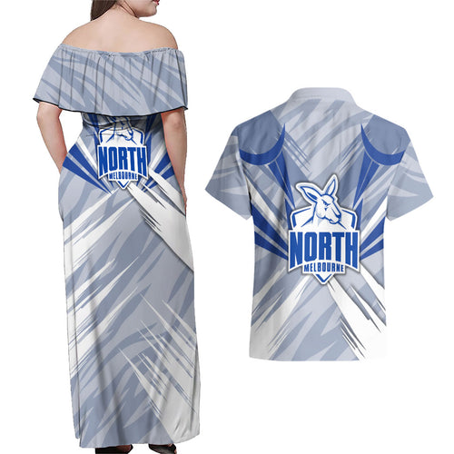 North Melbourne Kangaroos Australian Football Couples Matching Off Shoulder Maxi Dress and Hawaiian Shirt Powerful Kangaroo Mascot - Bold Team Colors