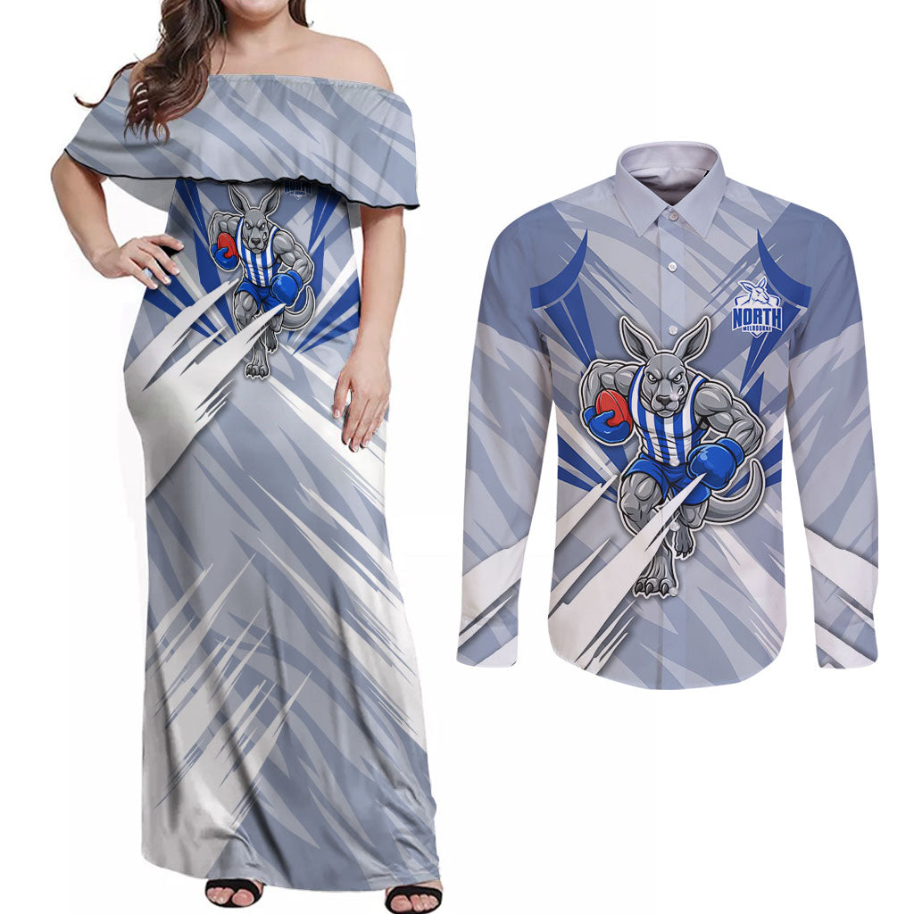 North Melbourne Kangaroos Australian Football Couples Matching Off Shoulder Maxi Dress and Long Sleeve Button Shirt Powerful Kangaroo Mascot - Bold Team Colors