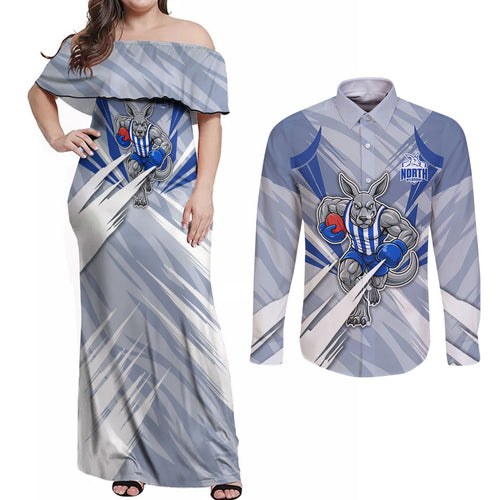 North Melbourne Kangaroos Australian Football Couples Matching Off Shoulder Maxi Dress and Long Sleeve Button Shirt Powerful Kangaroo Mascot - Bold Team Colors