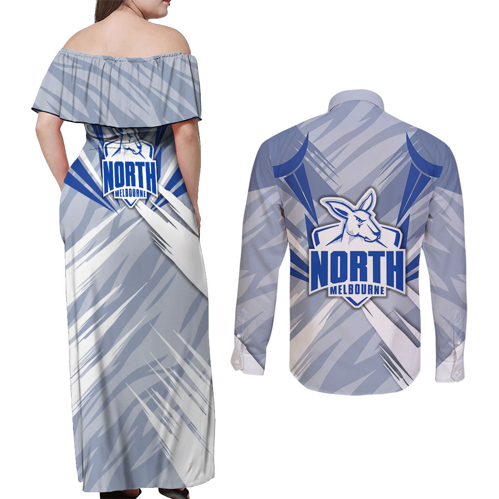 North Melbourne Kangaroos Australian Football Couples Matching Off Shoulder Maxi Dress and Long Sleeve Button Shirt Powerful Kangaroo Mascot - Bold Team Colors