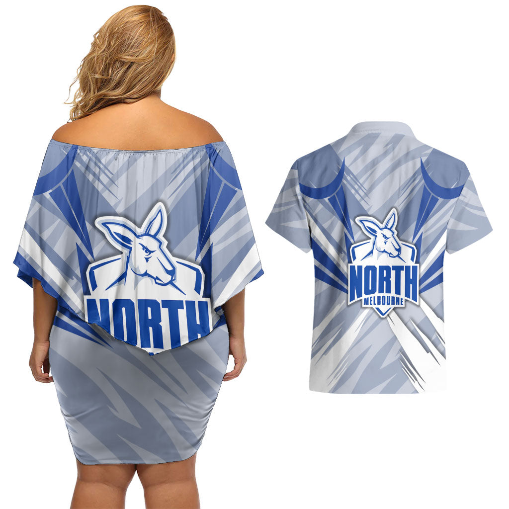 North Melbourne Kangaroos Australian Football Couples Matching Off Shoulder Short Dress and Hawaiian Shirt Powerful Kangaroo Mascot - Bold Team Colors