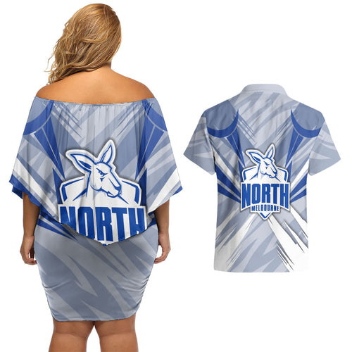 North Melbourne Kangaroos Australian Football Couples Matching Off Shoulder Short Dress and Hawaiian Shirt Powerful Kangaroo Mascot - Bold Team Colors