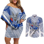 North Melbourne Kangaroos Australian Football Couples Matching Off Shoulder Short Dress and Long Sleeve Button Shirt Powerful Kangaroo Mascot - Bold Team Colors