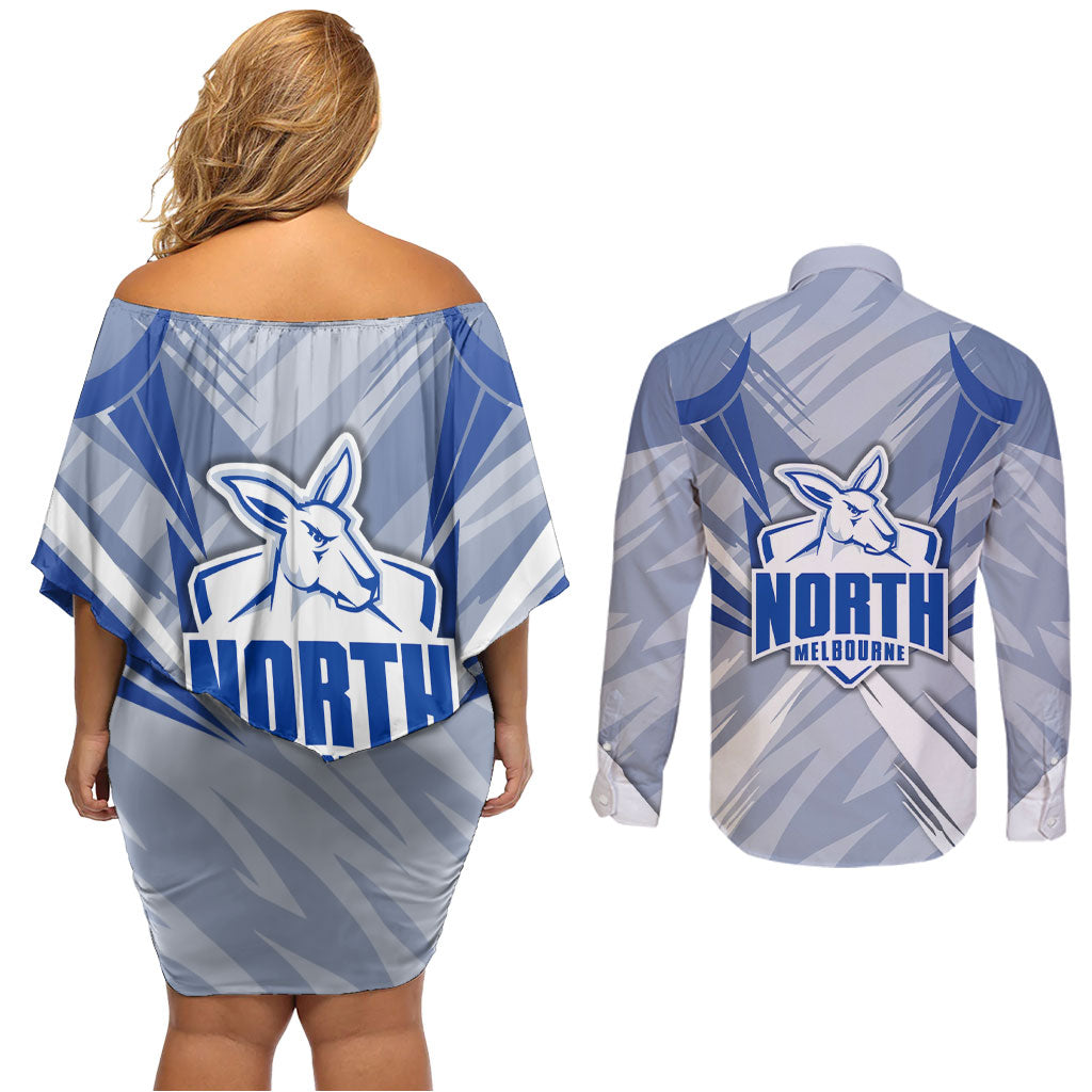 North Melbourne Kangaroos Australian Football Couples Matching Off Shoulder Short Dress and Long Sleeve Button Shirt Powerful Kangaroo Mascot - Bold Team Colors
