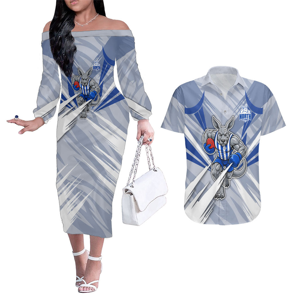 North Melbourne Kangaroos Australian Football Couples Matching Off The Shoulder Long Sleeve Dress and Hawaiian Shirt Powerful Kangaroo Mascot - Bold Team Colors
