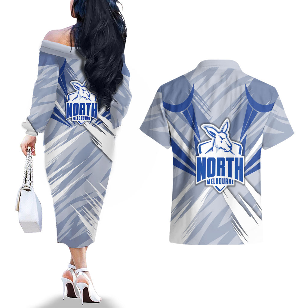 North Melbourne Kangaroos Australian Football Couples Matching Off The Shoulder Long Sleeve Dress and Hawaiian Shirt Powerful Kangaroo Mascot - Bold Team Colors
