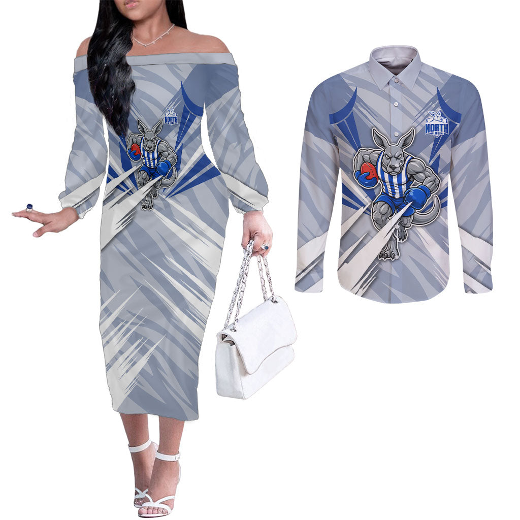 North Melbourne Kangaroos Australian Football Couples Matching Off The Shoulder Long Sleeve Dress and Long Sleeve Button Shirt Powerful Kangaroo Mascot - Bold Team Colors