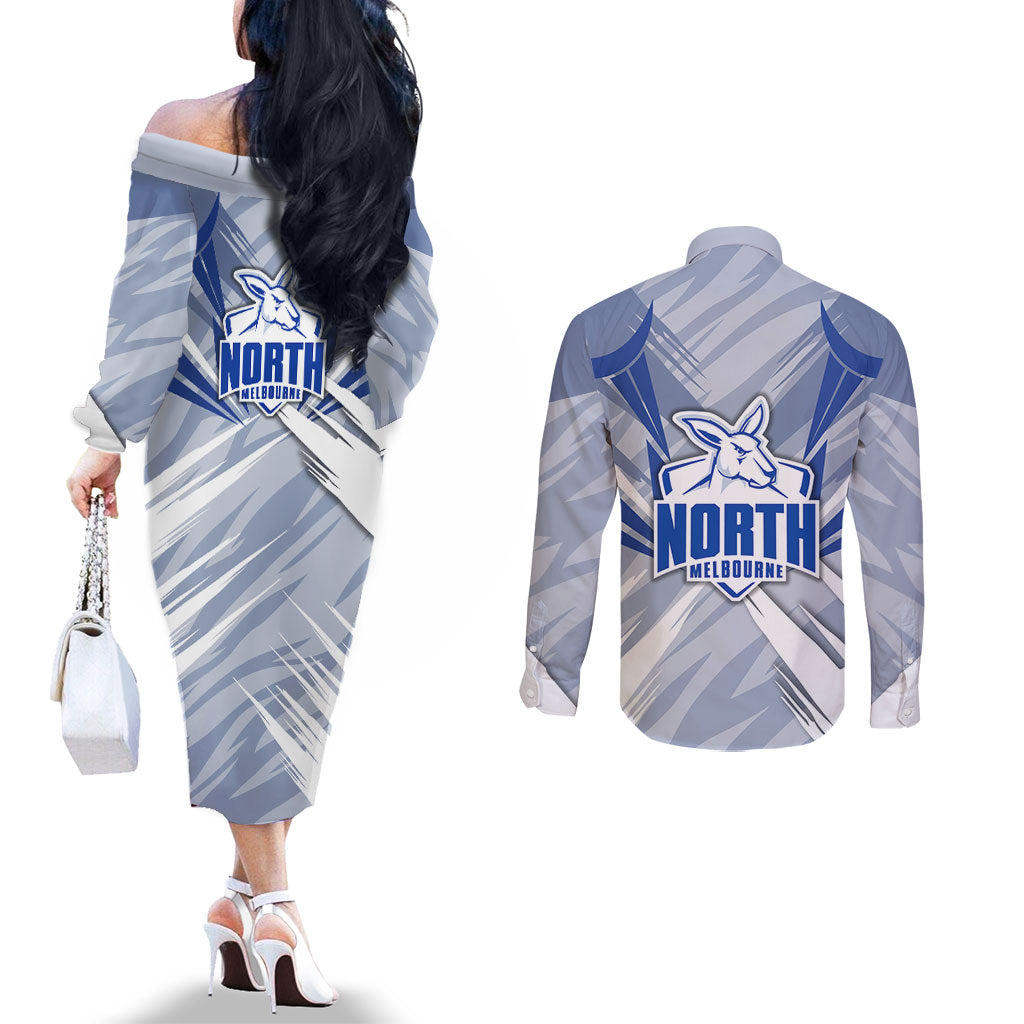 North Melbourne Kangaroos Australian Football Couples Matching Off The Shoulder Long Sleeve Dress and Long Sleeve Button Shirt Powerful Kangaroo Mascot - Bold Team Colors
