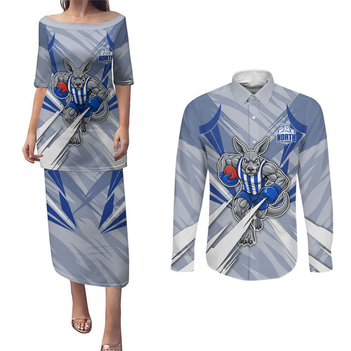 North Melbourne Kangaroos Australian Football Couples Matching Puletasi and Long Sleeve Button Shirt Powerful Kangaroo Mascot - Bold Team Colors