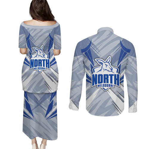North Melbourne Kangaroos Australian Football Couples Matching Puletasi and Long Sleeve Button Shirt Powerful Kangaroo Mascot - Bold Team Colors