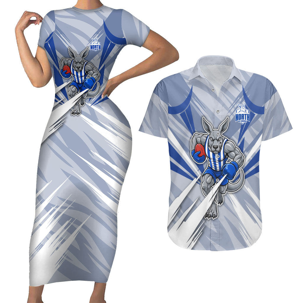 North Melbourne Kangaroos Australian Football Couples Matching Short Sleeve Bodycon Dress and Hawaiian Shirt Powerful Kangaroo Mascot - Bold Team Colors