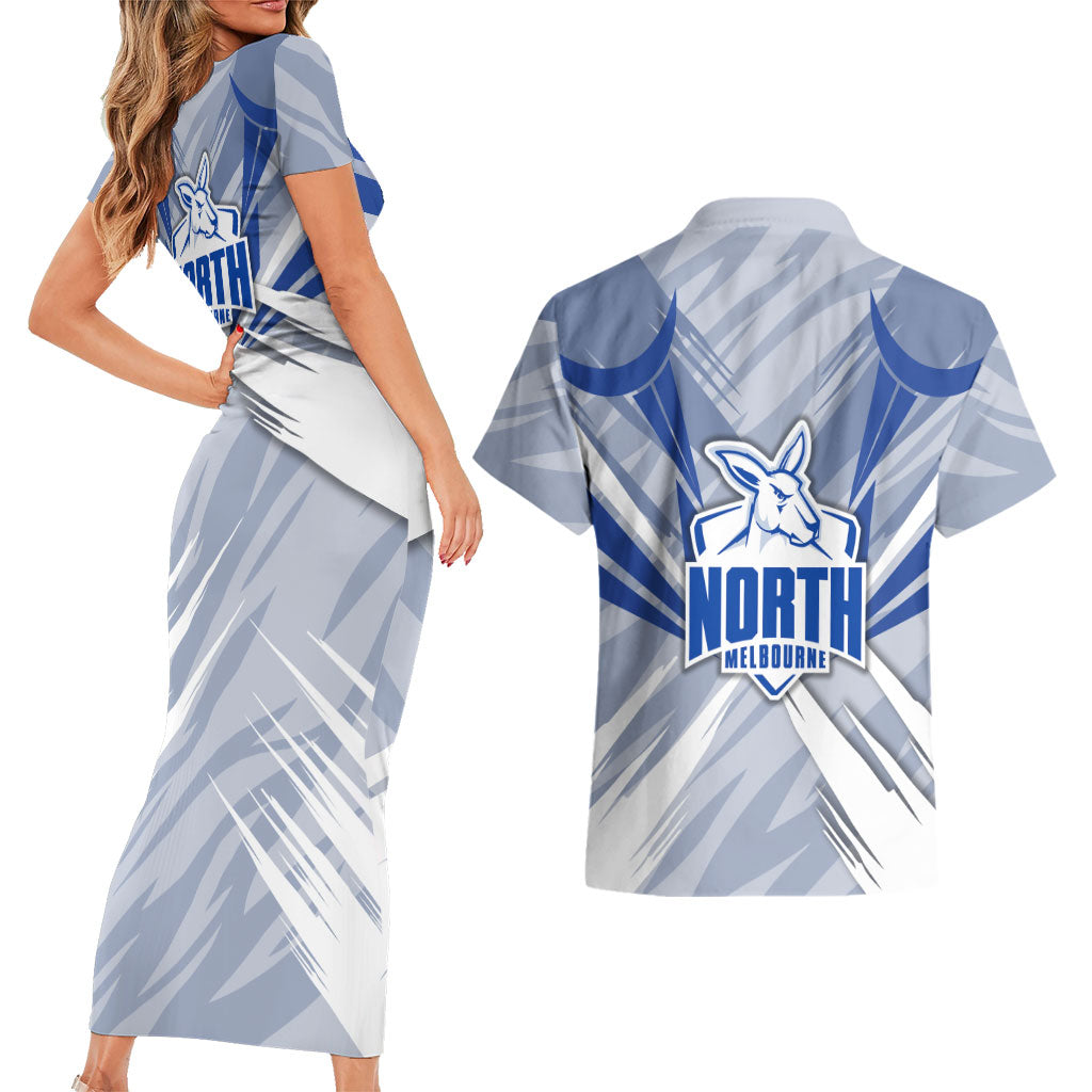 North Melbourne Kangaroos Australian Football Couples Matching Short Sleeve Bodycon Dress and Hawaiian Shirt Powerful Kangaroo Mascot - Bold Team Colors