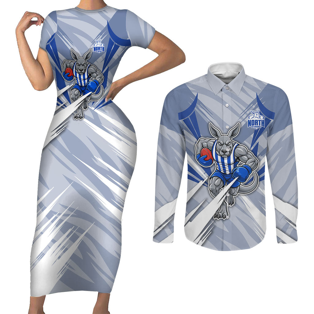 North Melbourne Kangaroos Australian Football Couples Matching Short Sleeve Bodycon Dress and Long Sleeve Button Shirt Powerful Kangaroo Mascot - Bold Team Colors