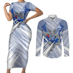 North Melbourne Kangaroos Australian Football Couples Matching Short Sleeve Bodycon Dress and Long Sleeve Button Shirt Powerful Kangaroo Mascot - Bold Team Colors