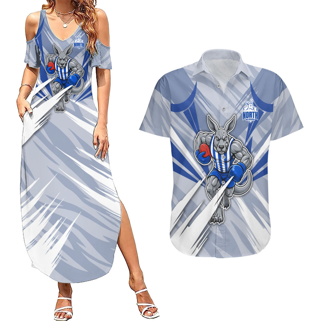 North Melbourne Kangaroos Australian Football Couples Matching Summer Maxi Dress and Hawaiian Shirt Powerful Kangaroo Mascot - Bold Team Colors