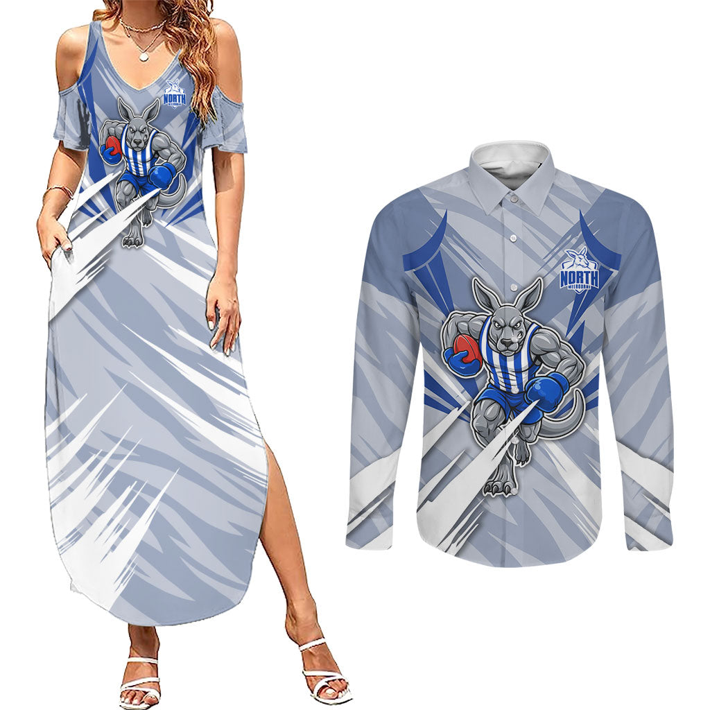 North Melbourne Kangaroos Australian Football Couples Matching Summer Maxi Dress and Long Sleeve Button Shirt Powerful Kangaroo Mascot - Bold Team Colors