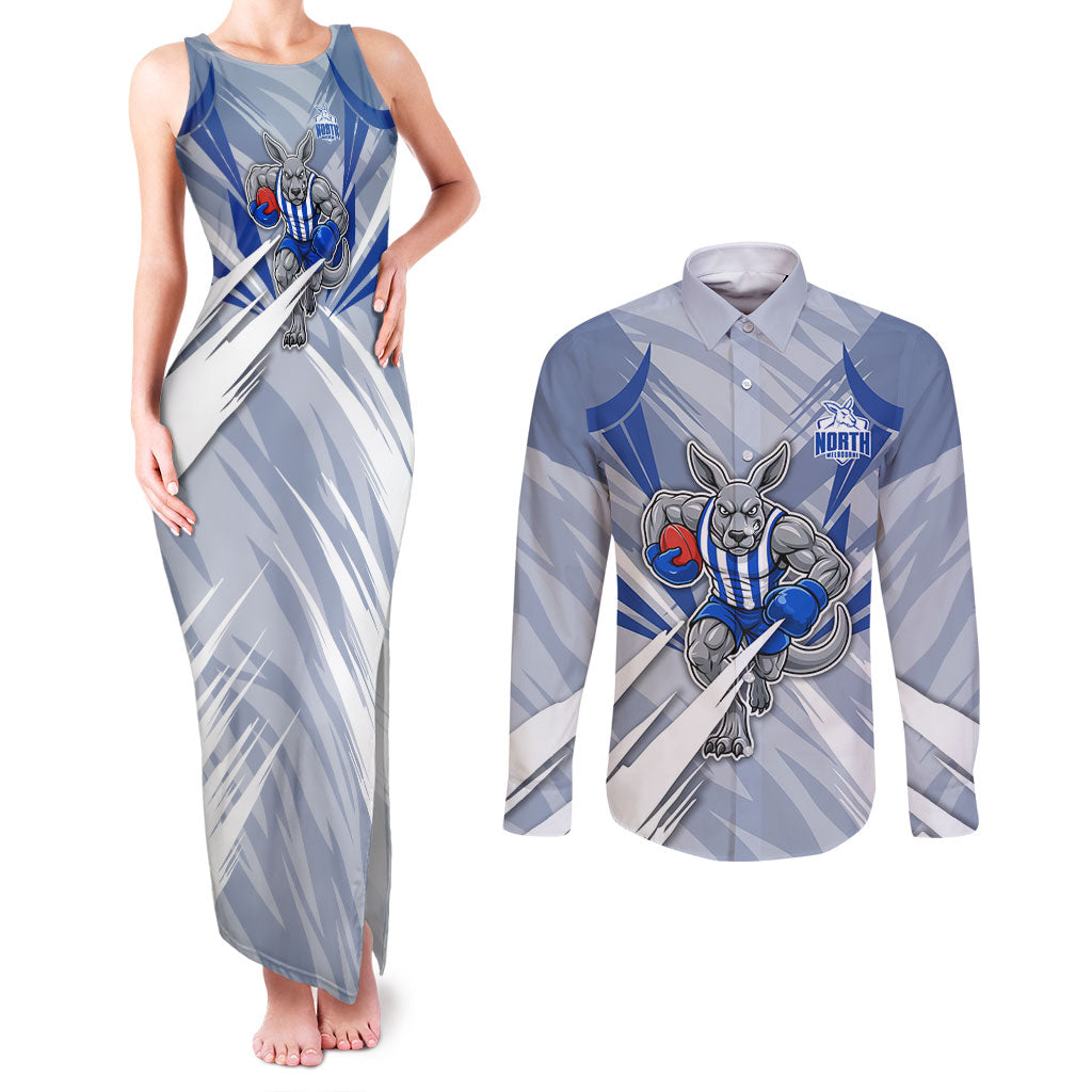 North Melbourne Kangaroos Australian Football Couples Matching Tank Maxi Dress and Long Sleeve Button Shirt Powerful Kangaroo Mascot - Bold Team Colors