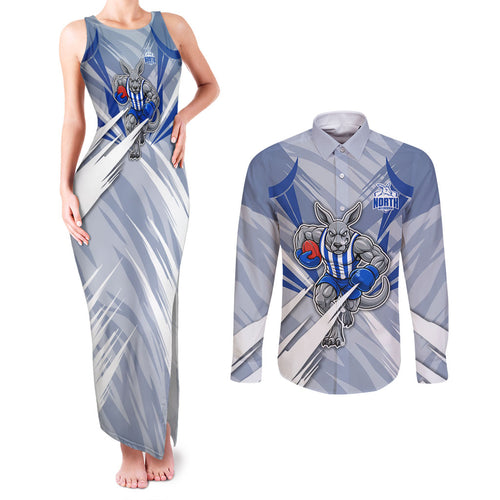 North Melbourne Kangaroos Australian Football Couples Matching Tank Maxi Dress and Long Sleeve Button Shirt Powerful Kangaroo Mascot - Bold Team Colors
