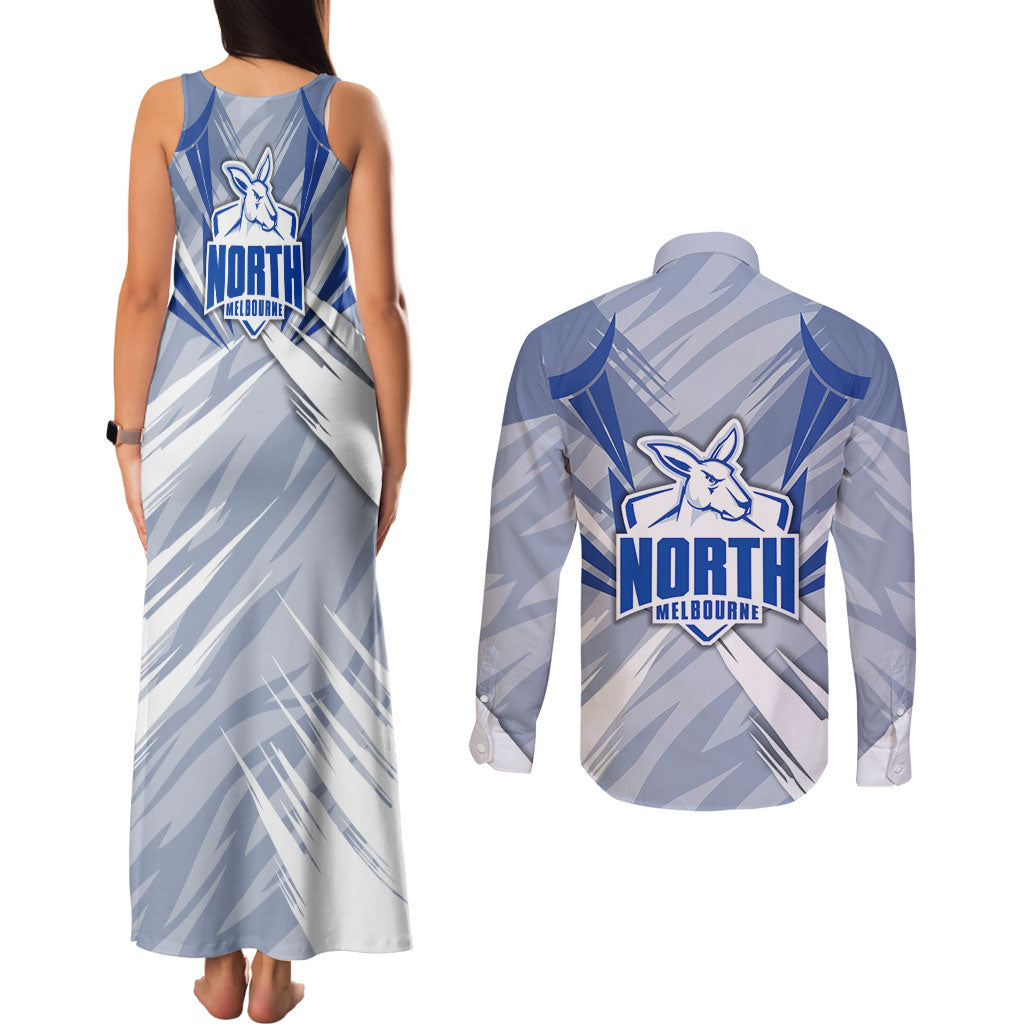 North Melbourne Kangaroos Australian Football Couples Matching Tank Maxi Dress and Long Sleeve Button Shirt Powerful Kangaroo Mascot - Bold Team Colors