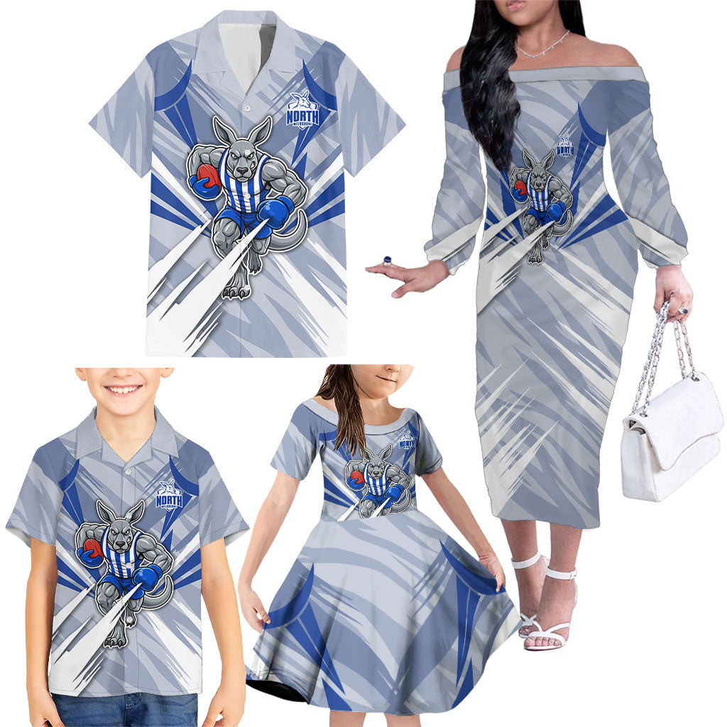 North Melbourne Kangaroos Australian Football Family Matching Off The Shoulder Long Sleeve Dress and Hawaiian Shirt Powerful Kangaroo Mascot - Bold Team Colors
