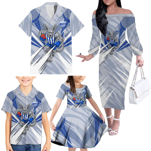 North Melbourne Kangaroos Australian Football Family Matching Off The Shoulder Long Sleeve Dress and Hawaiian Shirt Powerful Kangaroo Mascot - Bold Team Colors