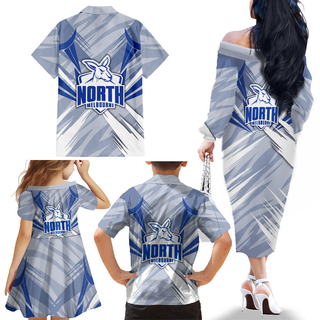 North Melbourne Kangaroos Australian Football Family Matching Off The Shoulder Long Sleeve Dress and Hawaiian Shirt Powerful Kangaroo Mascot - Bold Team Colors