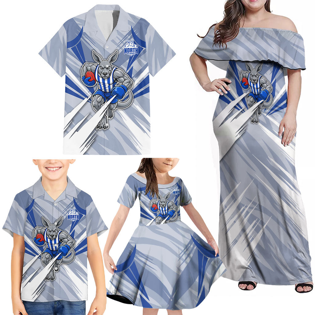 North Melbourne Kangaroos Australian Football Family Matching Off Shoulder Maxi Dress and Hawaiian Shirt Powerful Kangaroo Mascot - Bold Team Colors