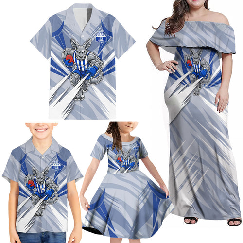 North Melbourne Kangaroos Australian Football Family Matching Off Shoulder Maxi Dress and Hawaiian Shirt Powerful Kangaroo Mascot - Bold Team Colors