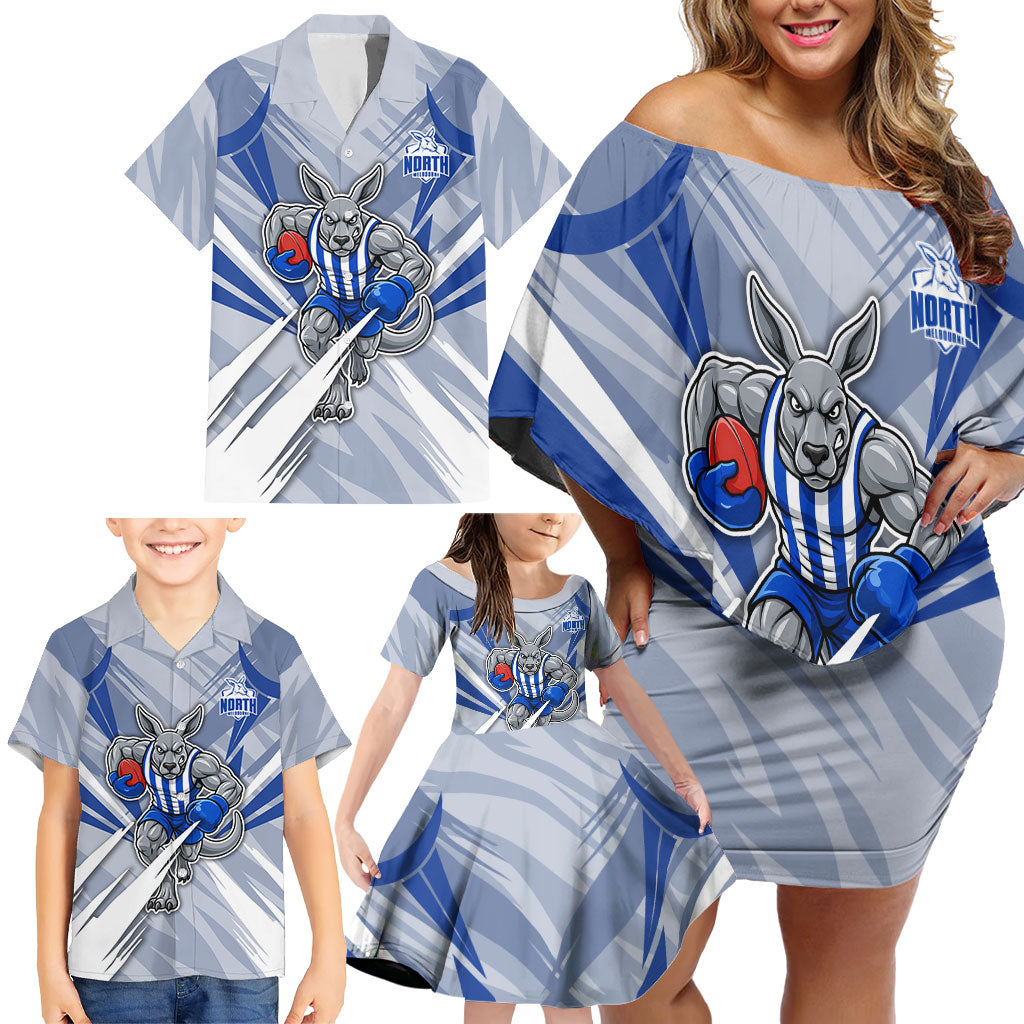 North Melbourne Kangaroos Australian Football Family Matching Off Shoulder Short Dress and Hawaiian Shirt Powerful Kangaroo Mascot - Bold Team Colors