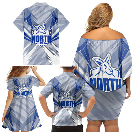 North Melbourne Kangaroos Australian Football Family Matching Off Shoulder Short Dress and Hawaiian Shirt Powerful Kangaroo Mascot - Bold Team Colors