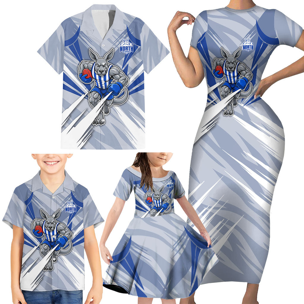 North Melbourne Kangaroos Australian Football Family Matching Short Sleeve Bodycon Dress and Hawaiian Shirt Powerful Kangaroo Mascot - Bold Team Colors