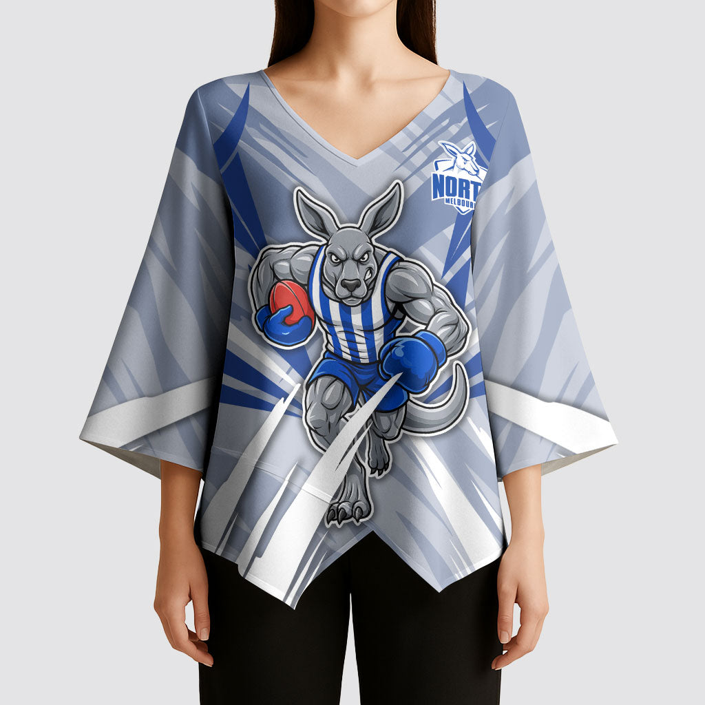 North Melbourne Kangaroos Australian Football Kimono Sleeve Blouse Powerful Kangaroo Mascot - Bold Team Colors