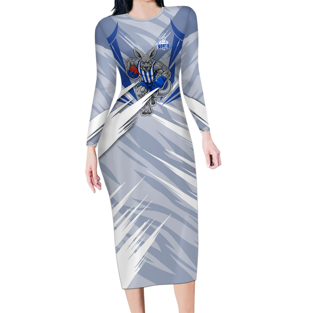 North Melbourne Kangaroos Australian Football Long Sleeve Bodycon Dress Powerful Kangaroo Mascot - Bold Team Colors