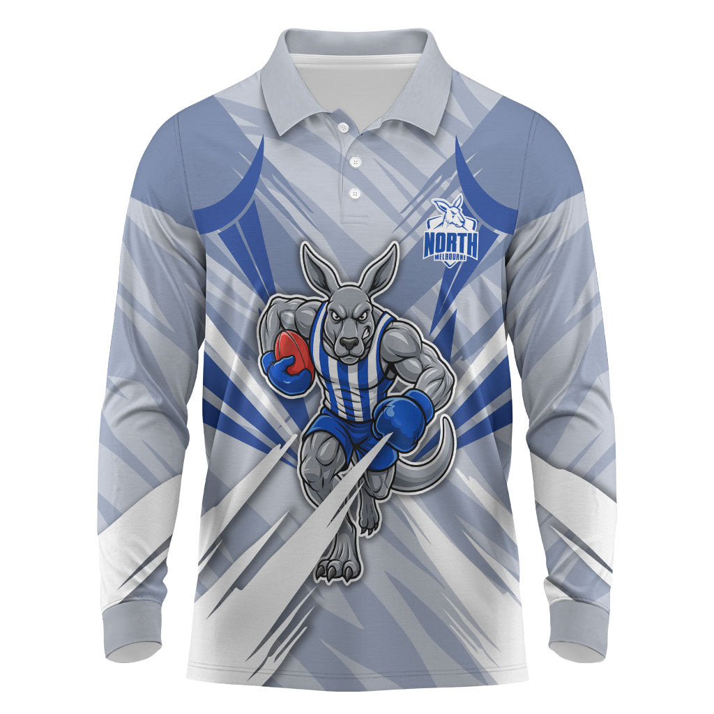 North Melbourne Kangaroos Australian Football Long Sleeve Polo Shirt Powerful Kangaroo Mascot - Bold Team Colors