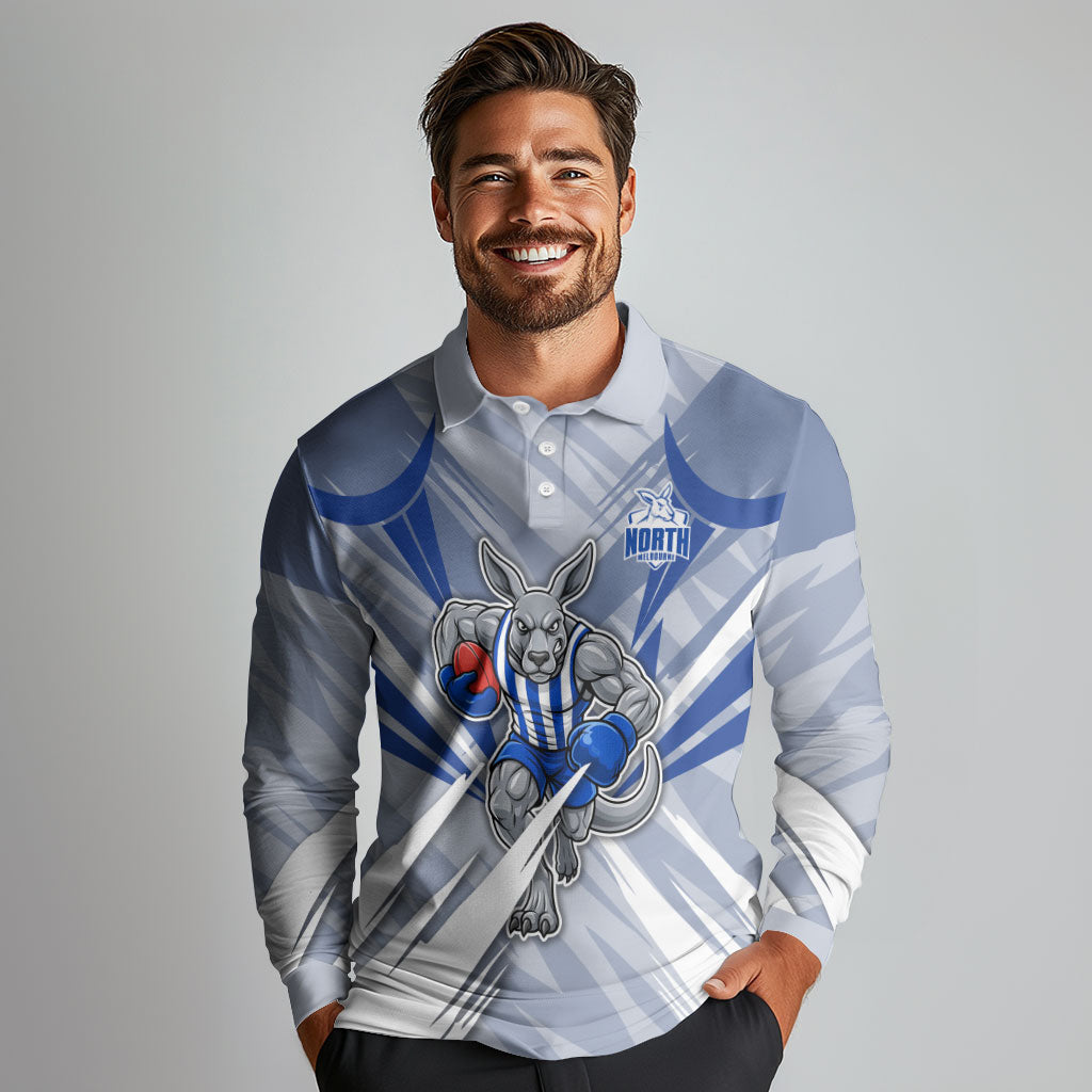 North Melbourne Kangaroos Australian Football Long Sleeve Polo Shirt Powerful Kangaroo Mascot - Bold Team Colors