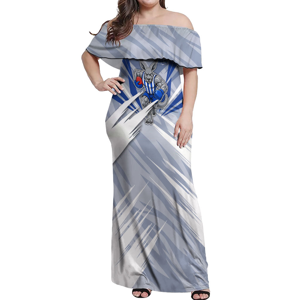 North Melbourne Kangaroos Australian Football Off Shoulder Maxi Dress Powerful Kangaroo Mascot - Bold Team Colors