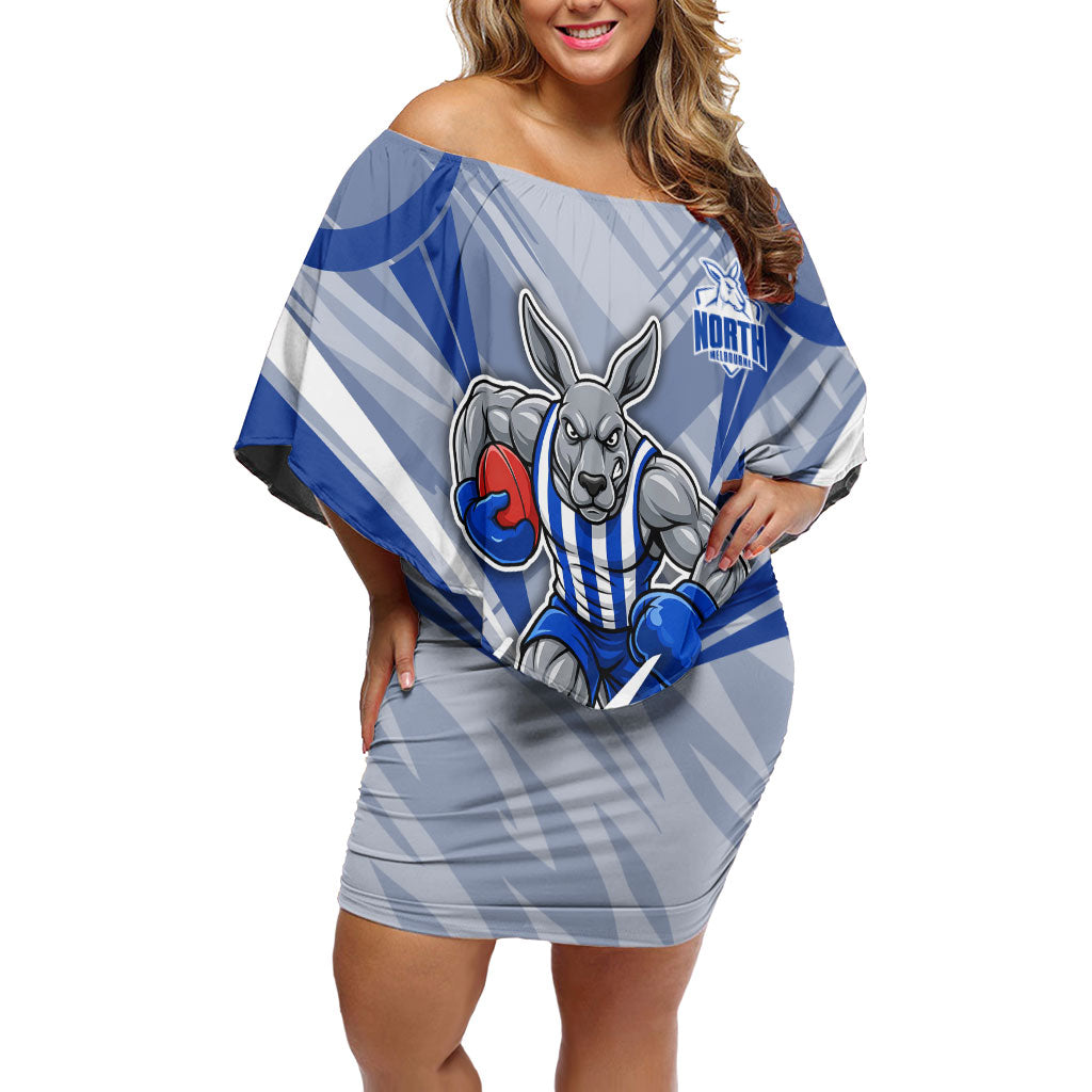 North Melbourne Kangaroos Australian Football Off Shoulder Short Dress Powerful Kangaroo Mascot - Bold Team Colors
