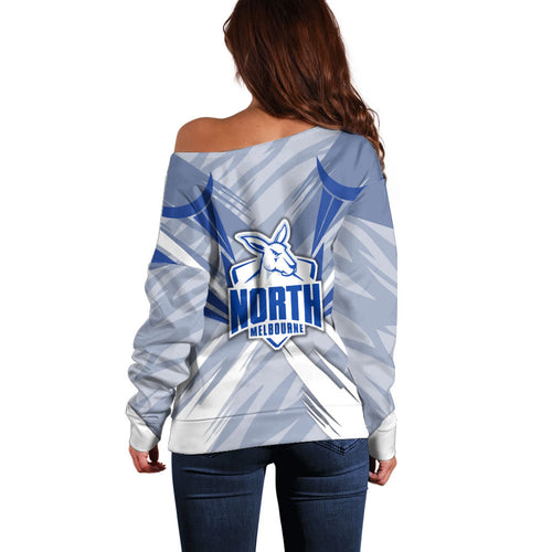 North Melbourne Kangaroos Australian Football Off Shoulder Sweater Powerful Kangaroo Mascot - Bold Team Colors
