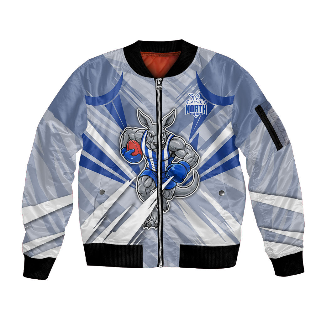 North Melbourne Kangaroos Australian Football Sleeve Zip Bomber Jacket Powerful Kangaroo Mascot - Bold Team Colors