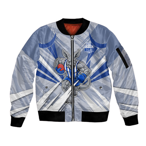 North Melbourne Kangaroos Australian Football Sleeve Zip Bomber Jacket Powerful Kangaroo Mascot - Bold Team Colors