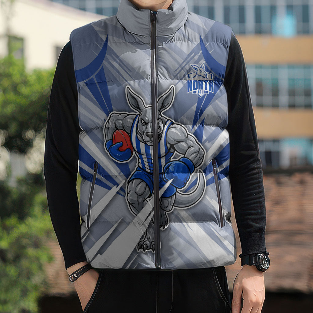 North Melbourne Kangaroos Australian Football Sleeveless Puffer Jacket Powerful Kangaroo Mascot - Bold Team Colors