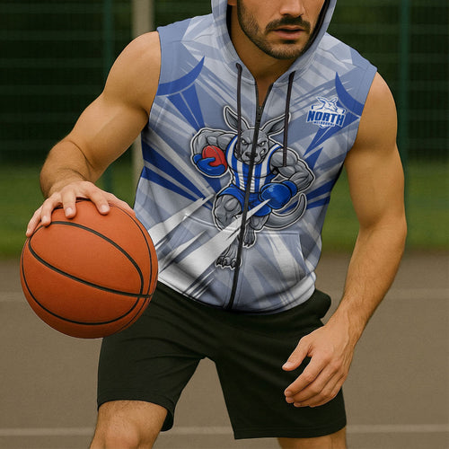 North Melbourne Kangaroos Australian Football Sleeveless Zip Hoodie Powerful Kangaroo Mascot - Bold Team Colors