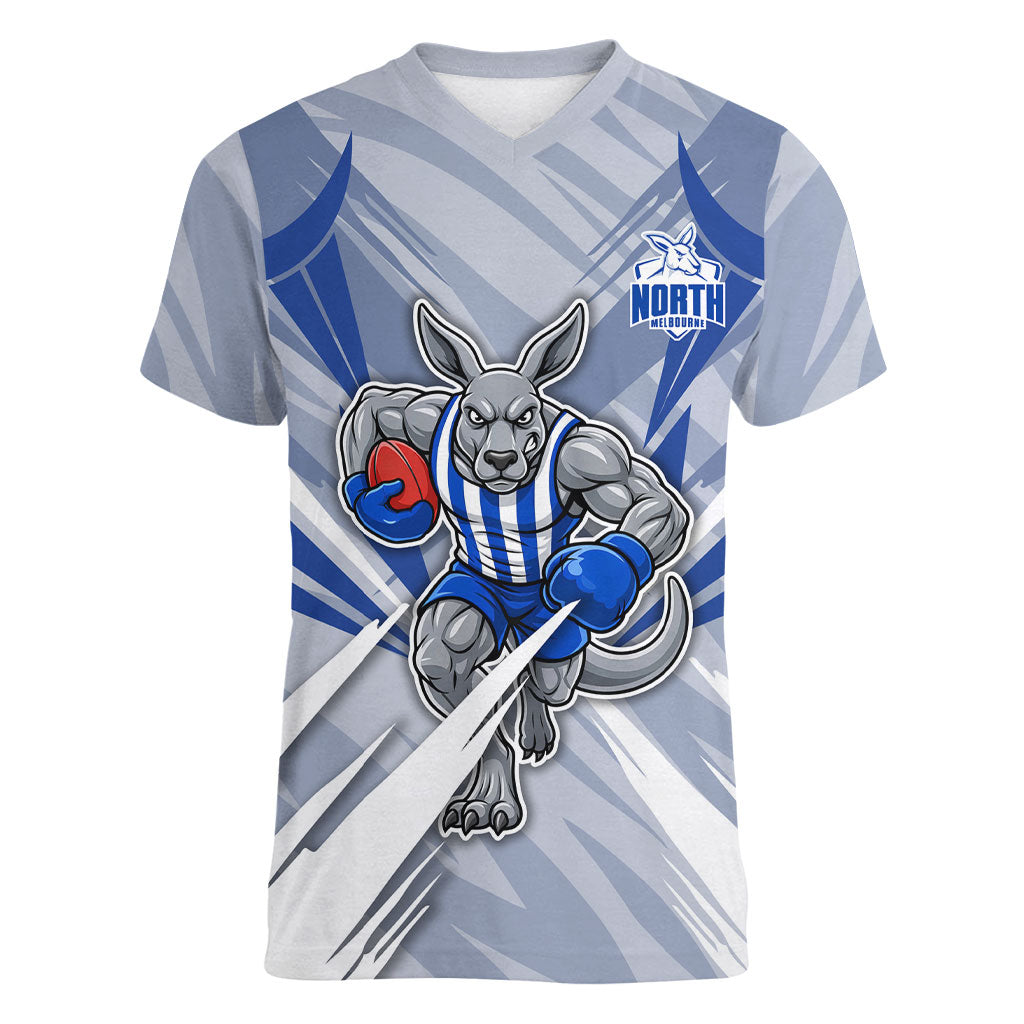 North Melbourne Kangaroos Australian Football Women V-Neck T-Shirt Powerful Kangaroo Mascot - Bold Team Colors