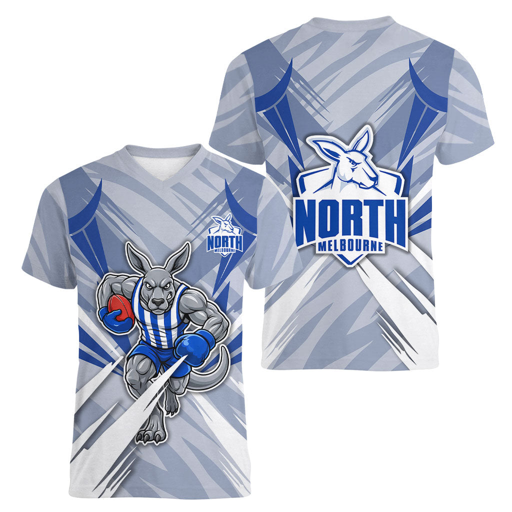 North Melbourne Kangaroos Australian Football Women V-Neck T-Shirt Powerful Kangaroo Mascot - Bold Team Colors