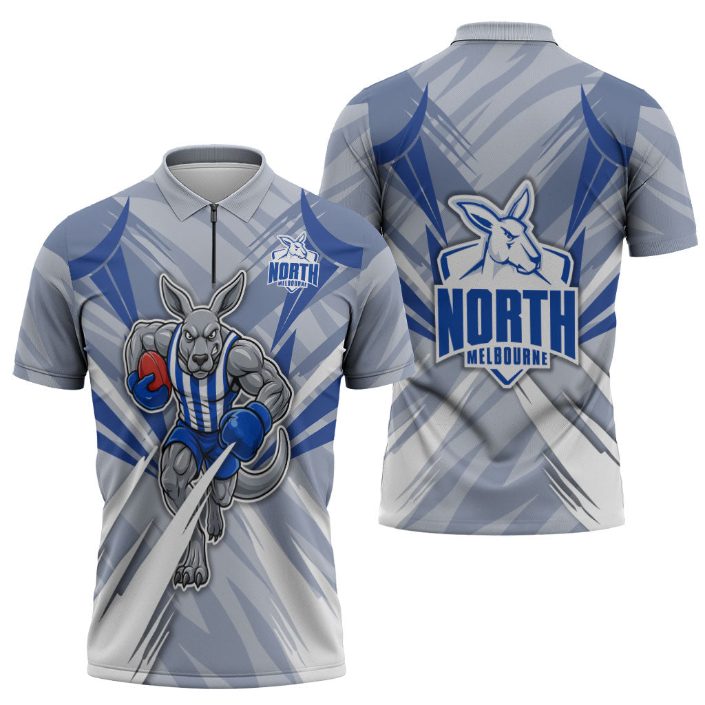 North Melbourne Kangaroos Australian Football Zipper Polo Shirt Powerful Kangaroo Mascot - Bold Team Colors