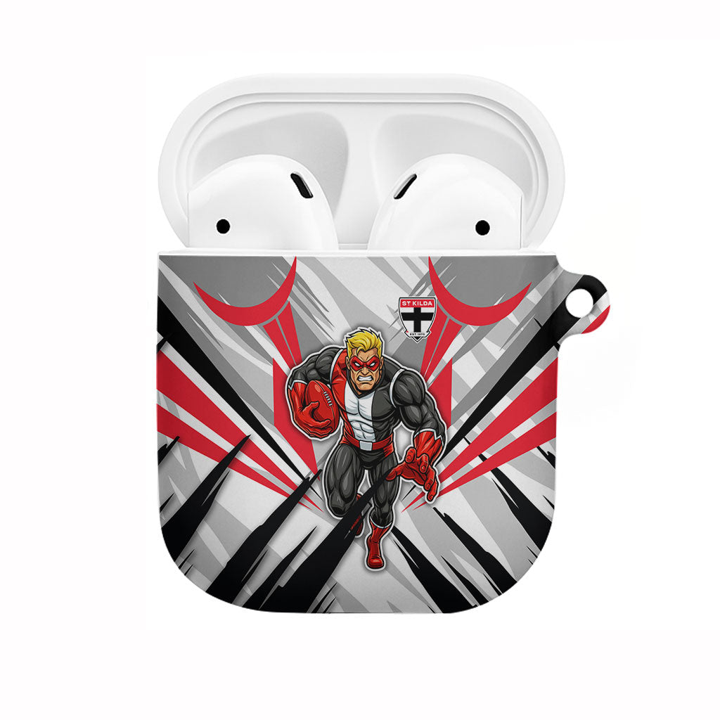 St Kilda Saints Australian Football AirPods Case Superhero Mascot Graphic - Bold Team Colors