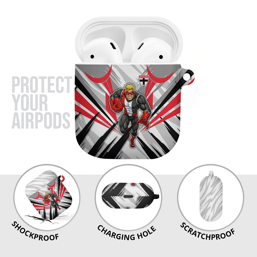 St Kilda Saints Australian Football AirPods Case Superhero Mascot Graphic - Bold Team Colors