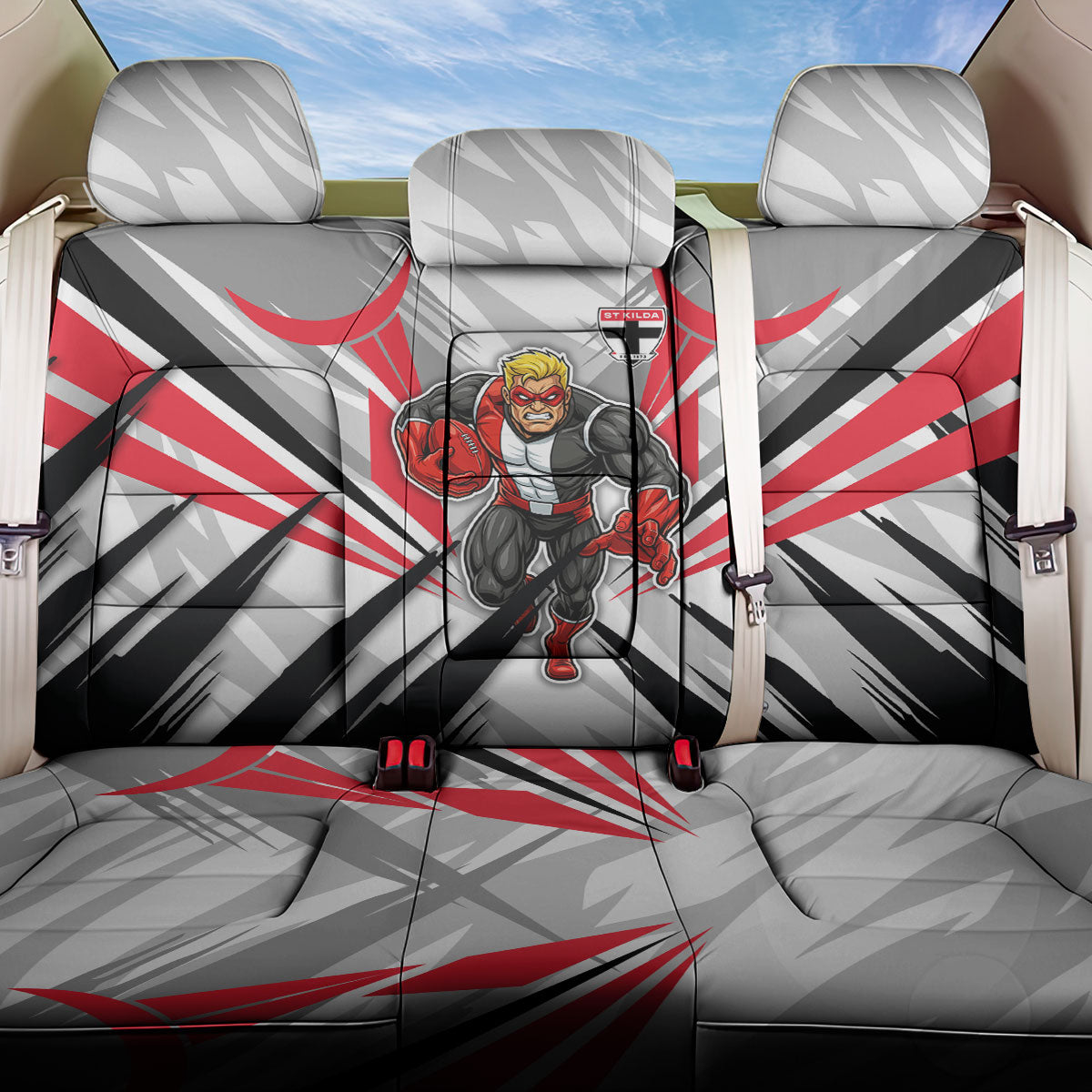 St Kilda Saints Australian Football Back Car Seat Cover Superhero Mascot Graphic - Bold Team Colors